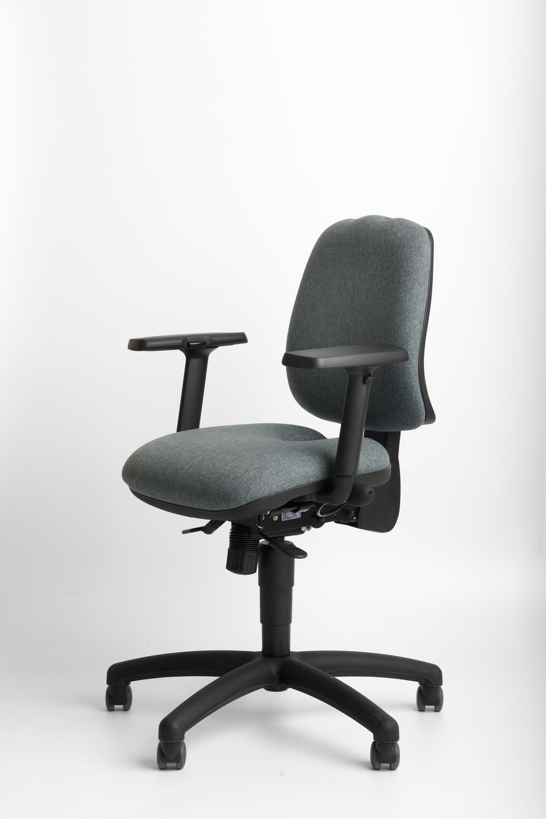 Grey ergonomic office chair with black base on a white background
