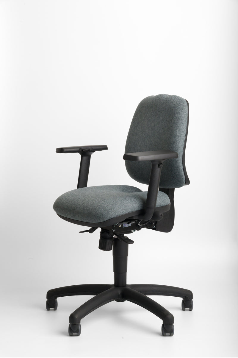 Grey ergonomic office chair with black base on a white background