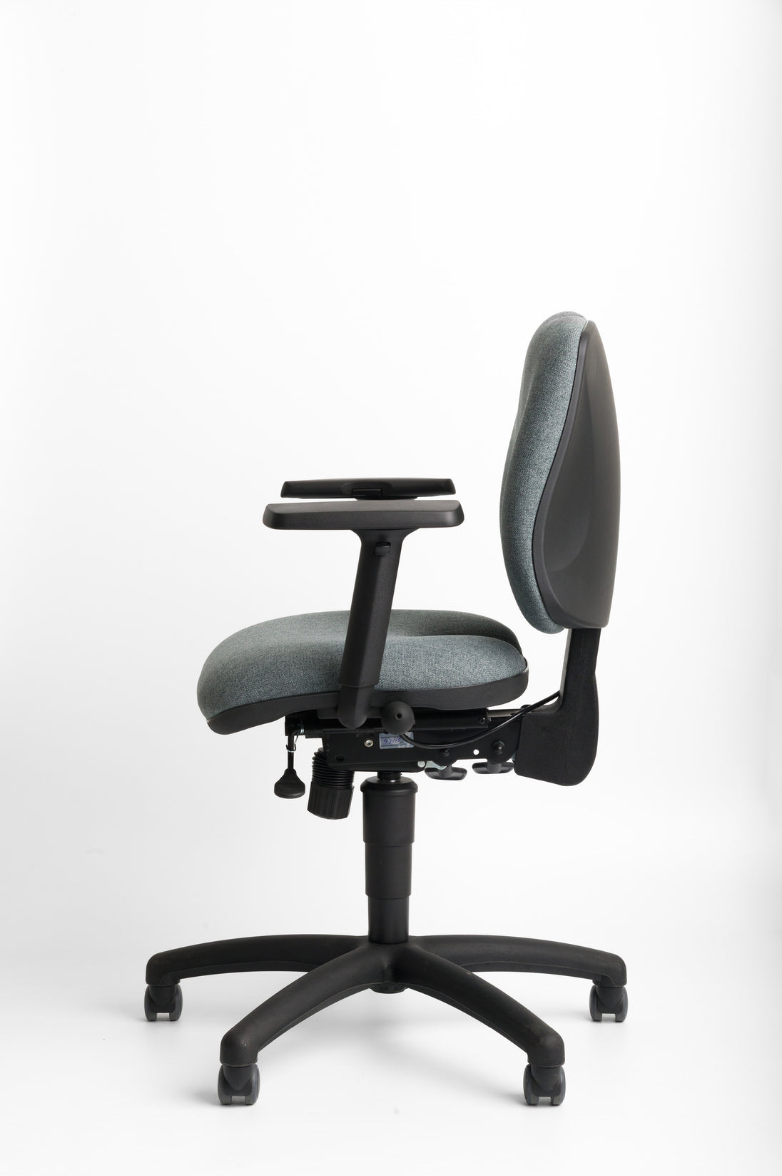Grey ergonomic office chair with armrests on a white background