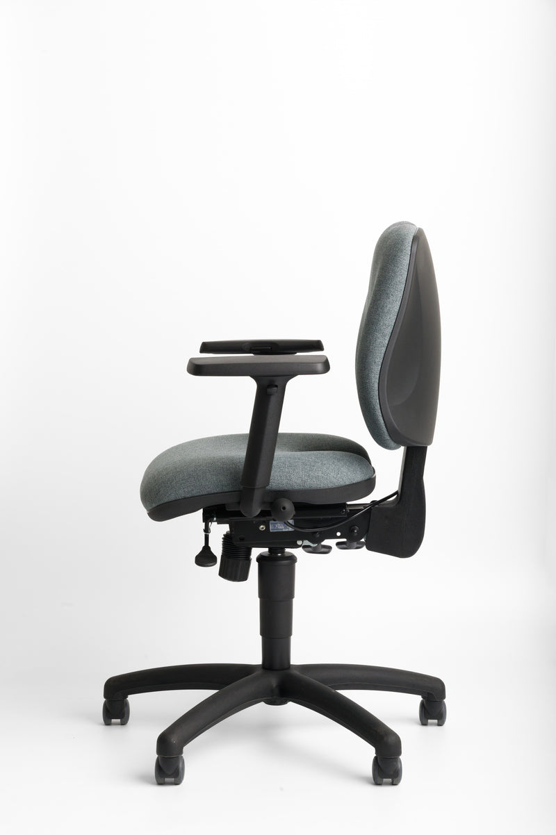 Grey ergonomic office chair with armrests on a white background