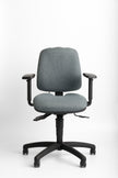Grey ergonomic office chair with black base on a white background