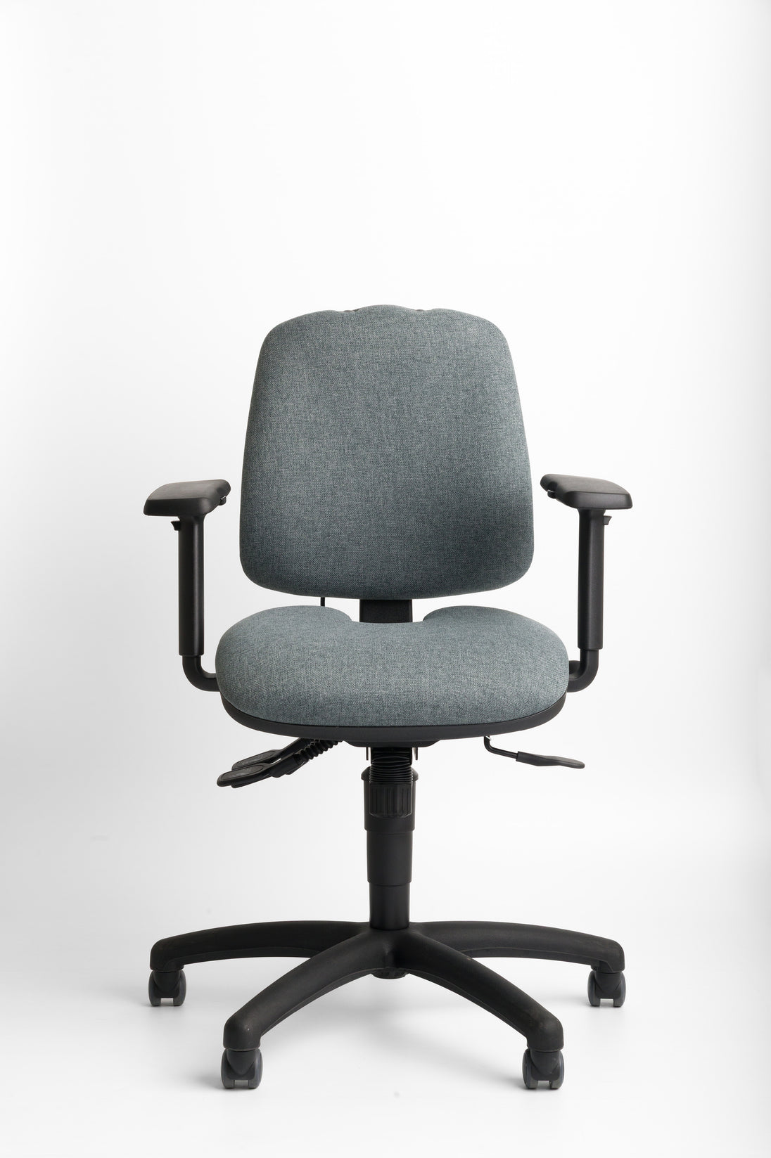 Grey ergonomic office chair with black base on a white background