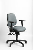 Grey office chair with black arms and base on a white background