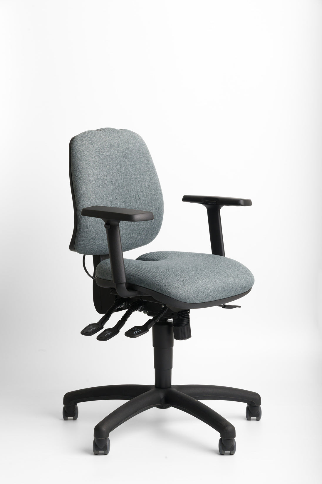 Grey office chair with black arms and base on a white background