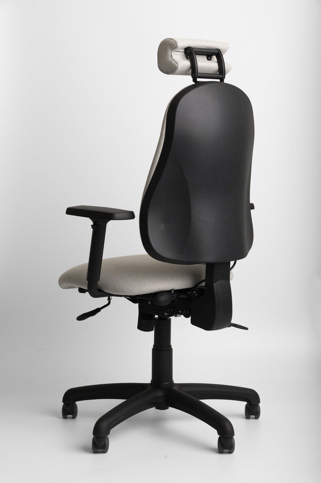 Black office chair with grey cushion on a white background