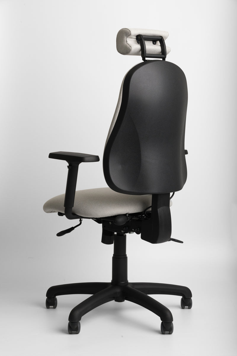 Black office chair with grey cushion on a white background