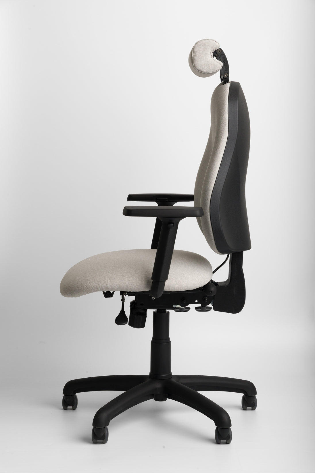 Ergonomic office chair with adjustable armrests and backrest on a white background