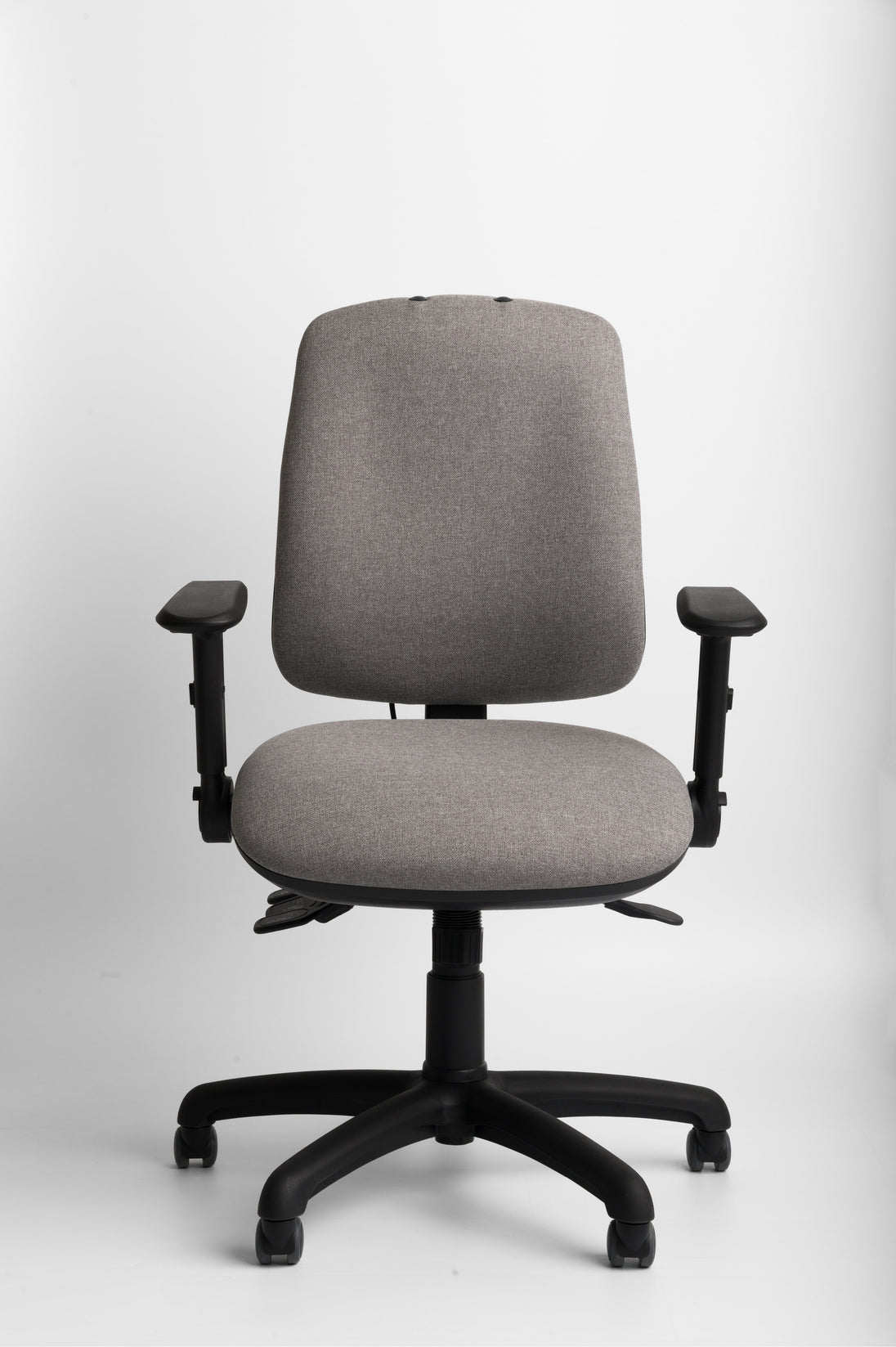Grey ergonomic office chair with black arms and base on a white background