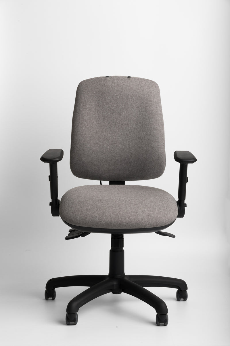 Grey ergonomic office chair with black arms and base on a white background
