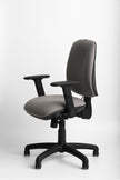 Grey ergonomic office chair with black base on a white background