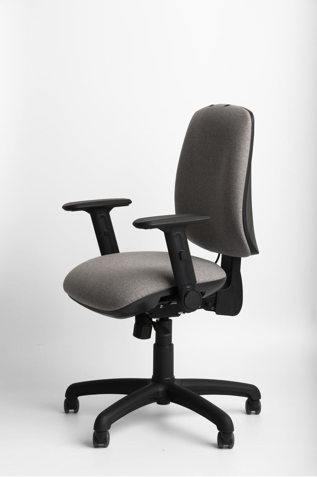 Grey ergonomic office chair with black base on a white background