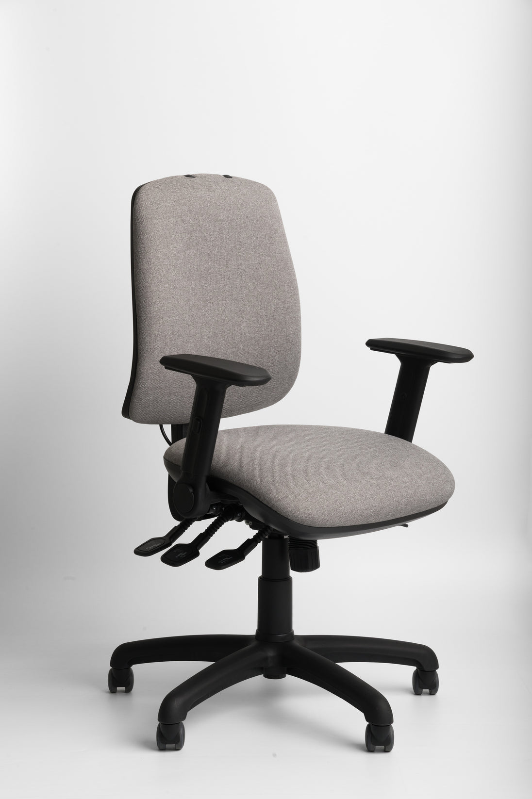 Grey ergonomic office chair with black base on a white background