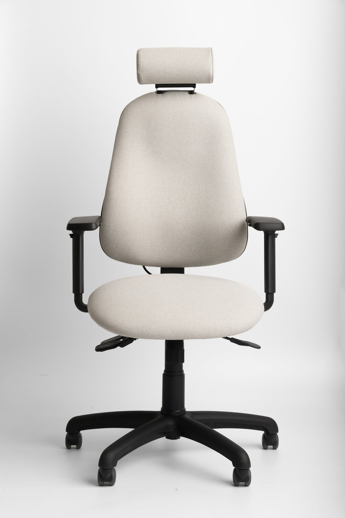 White office chair with black base on a white background
