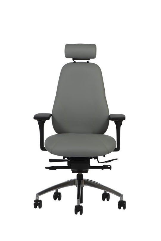 Gray office chair with headrest on a white background